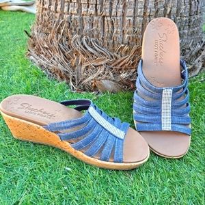 Sketchers Luxe Foam Wedge sandals.  Navy blue and silver 8